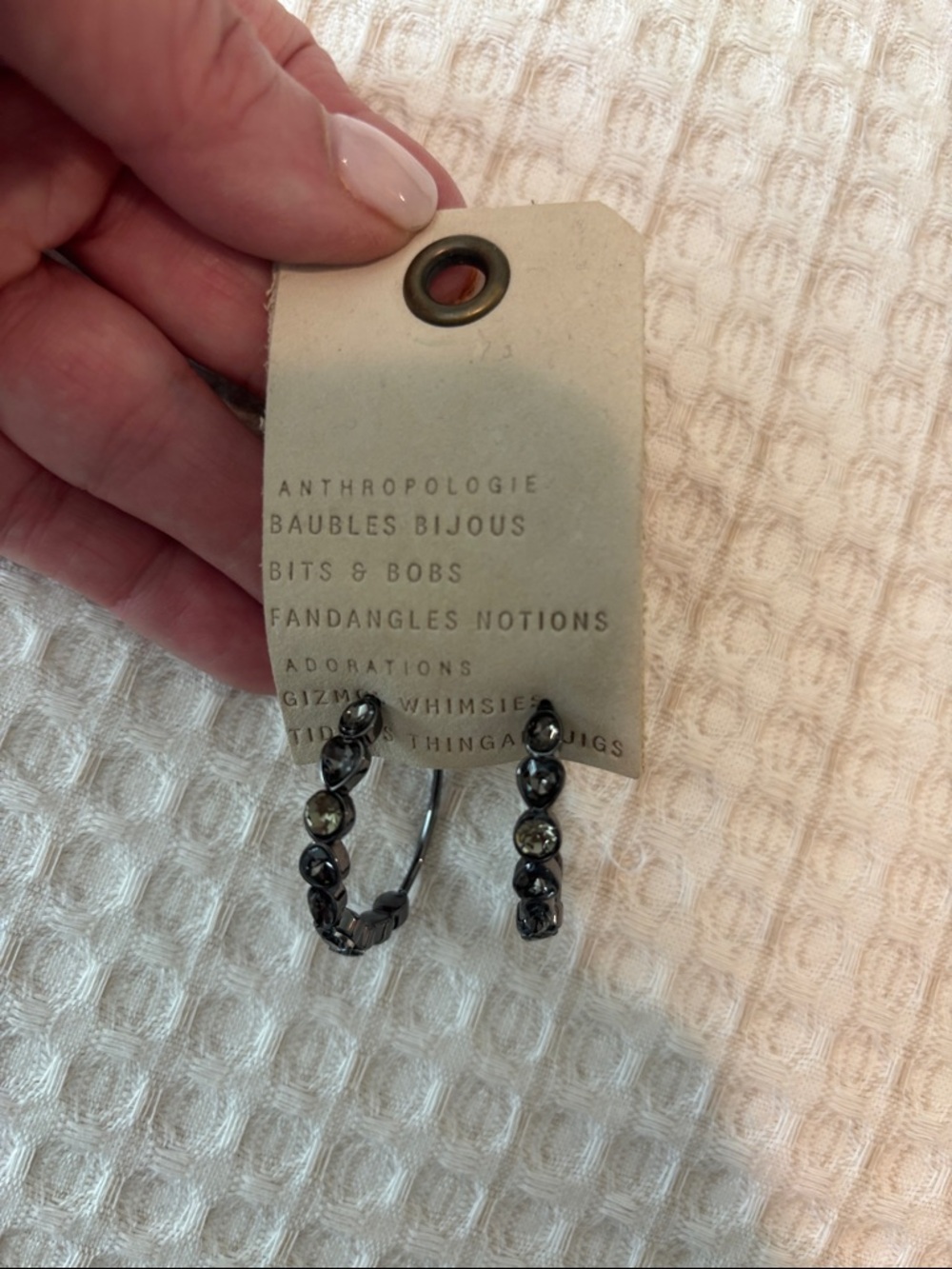 NWT Anthropologie Gunmetal Hoop Earrings with Clear Crystals
